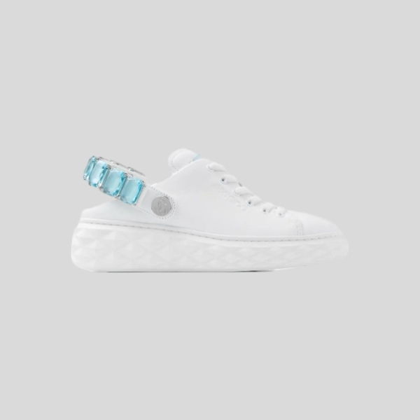 지미추 크리스털 스트랩 디테일 화이트블루 나파 가죽 슬리퍼 스니커즈