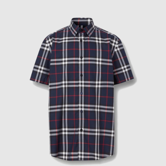 버버리 쇼트 슬리브 체크 코튼 포플린 셔츠