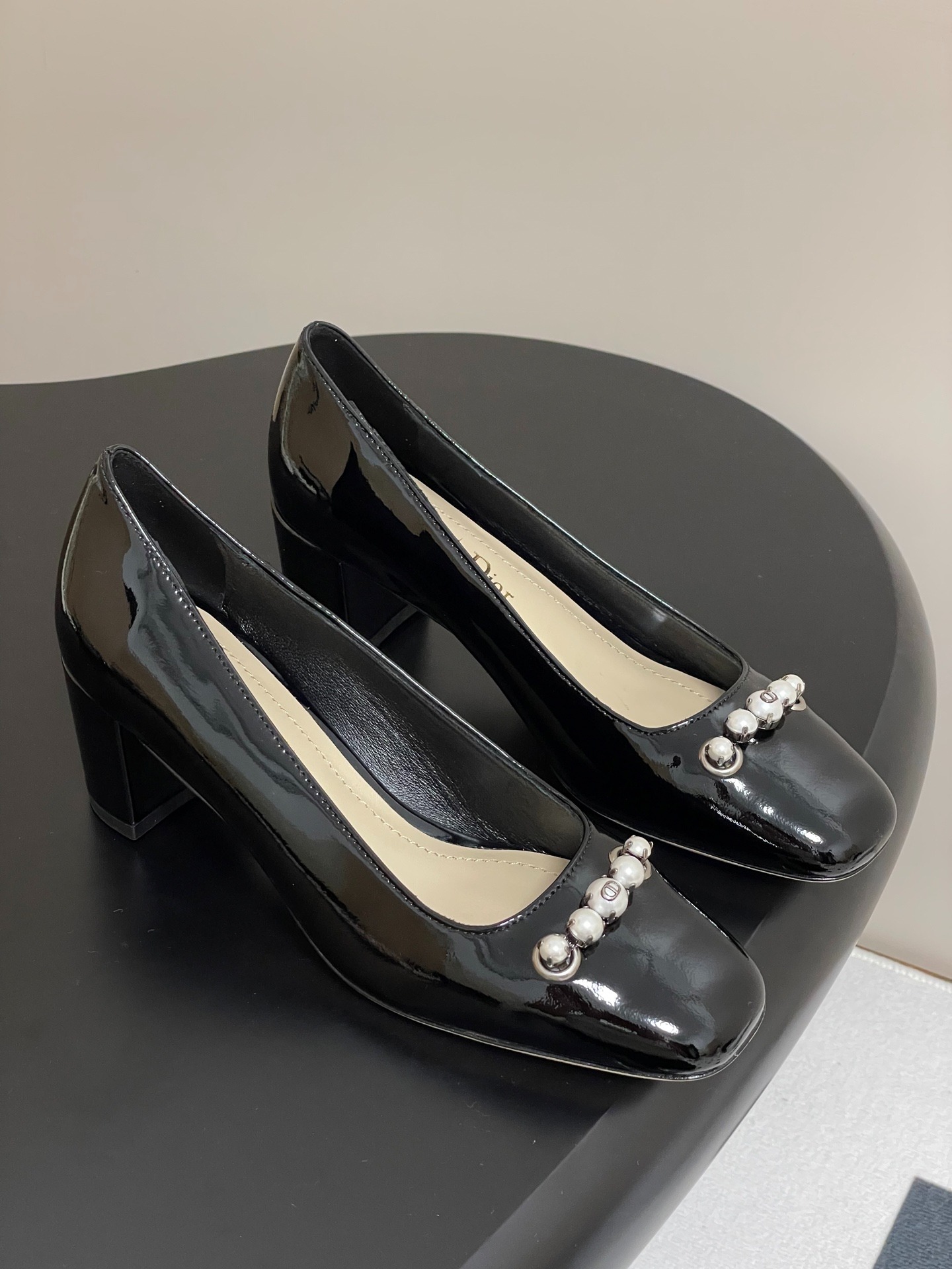 디* 진주버클 통굽 슬링백 힐