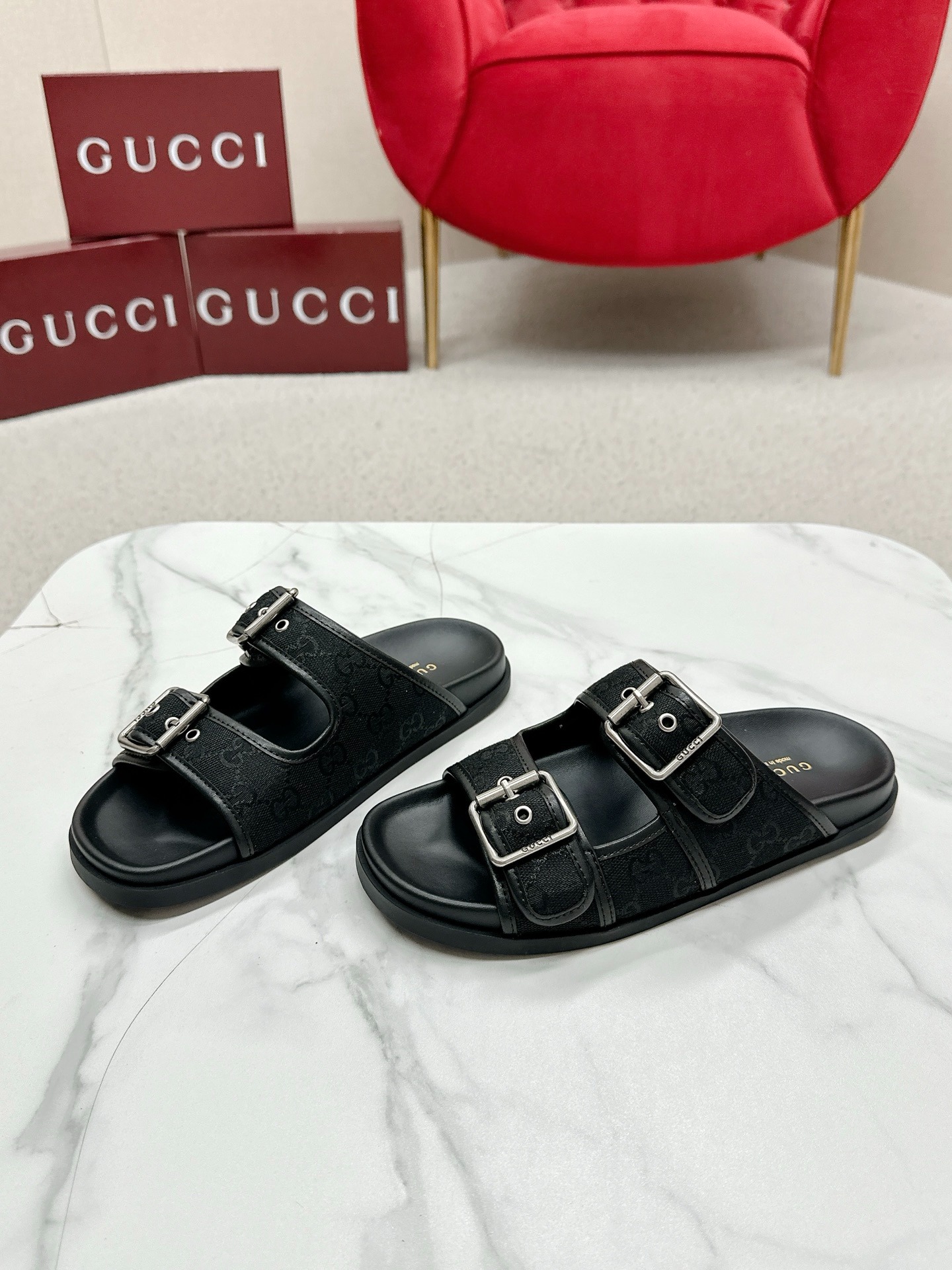 구* 25 신상 GG 클래식 올드 캔버스 비치 샌들