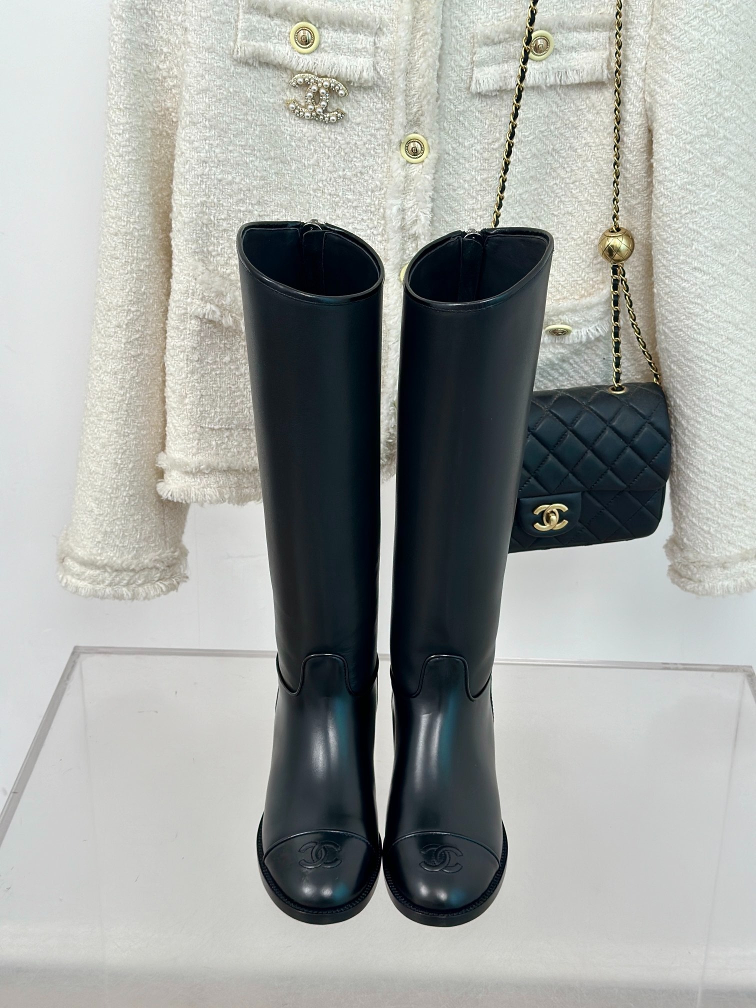 샤* 클래식 더블 C 스틸레토 롱 부츠