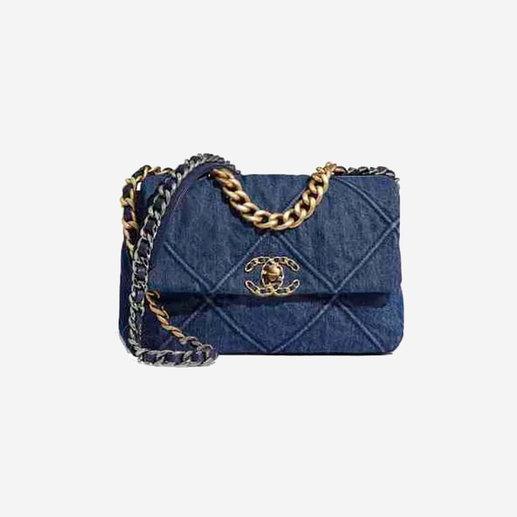 샤넬 19 플랩백 램스킨 미디움 데님 골드 