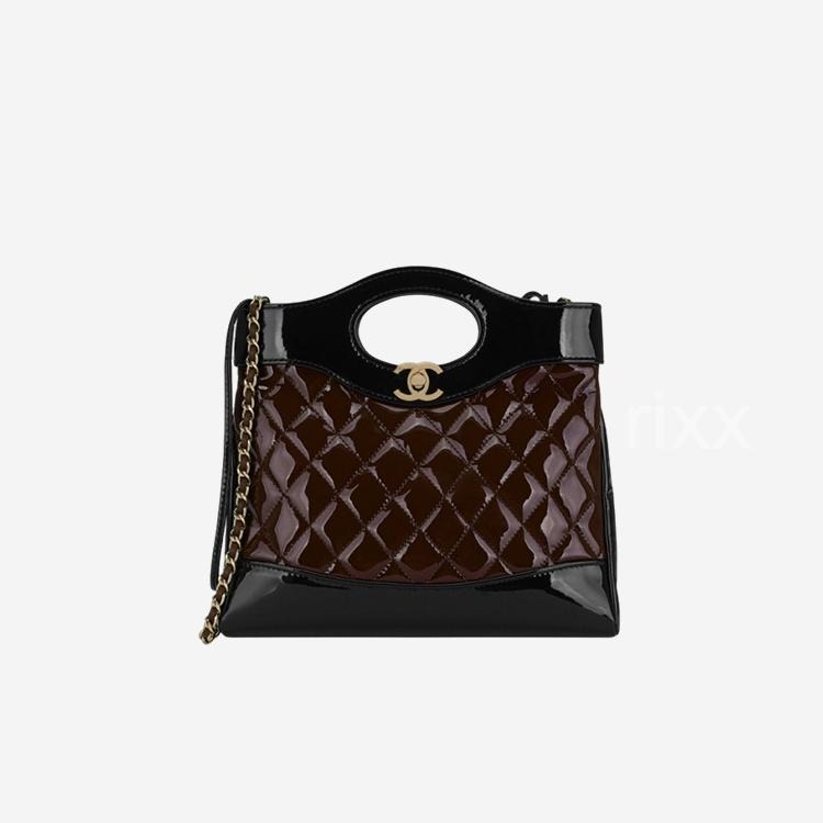 샤넬 31 미니 쇼핑백 페이턴트 카프스킨 & 골드 메탈 버건디 블랙