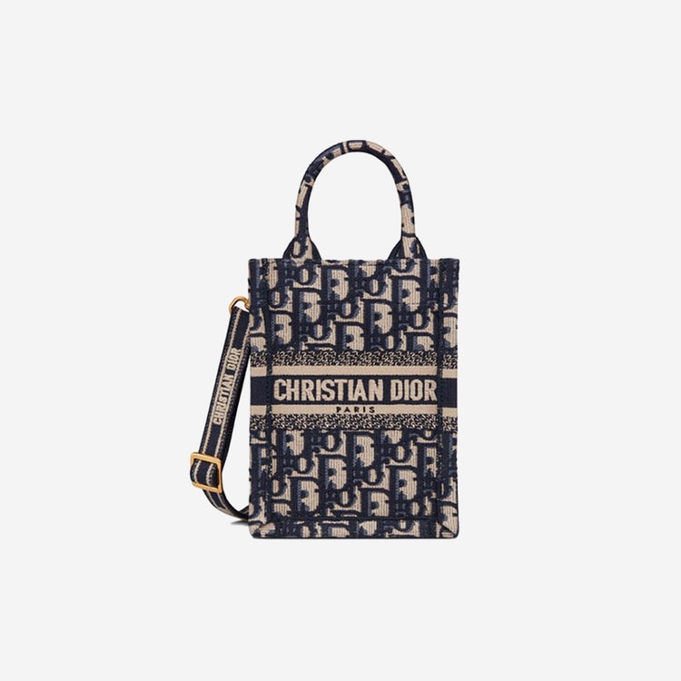 디올 블루 오블리크 자수 북 토트 미니 휴대폰 백 